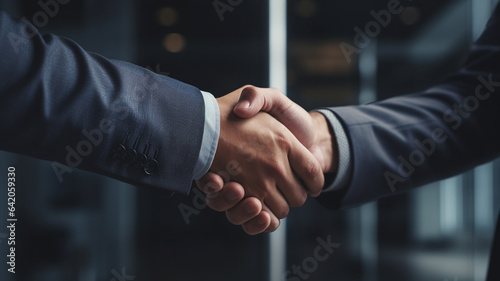double exposure of business people shaking hands in modern office