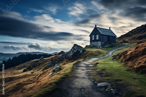 A house on the hill. Background of dark and cloudy sky.