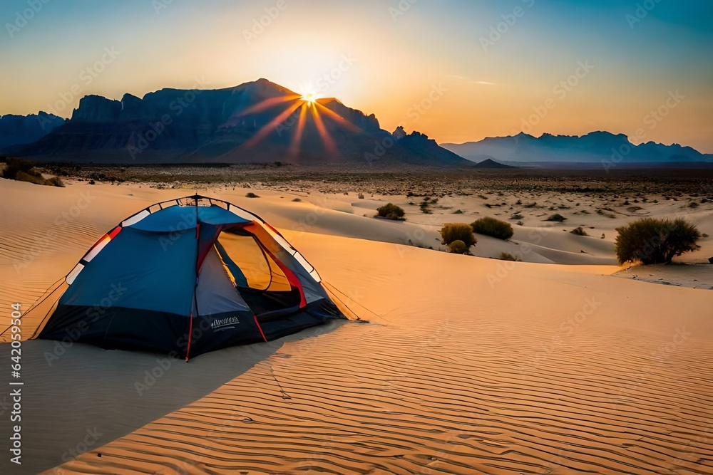 Sunset at the desert and tent in the desert Ultra High qauality photo