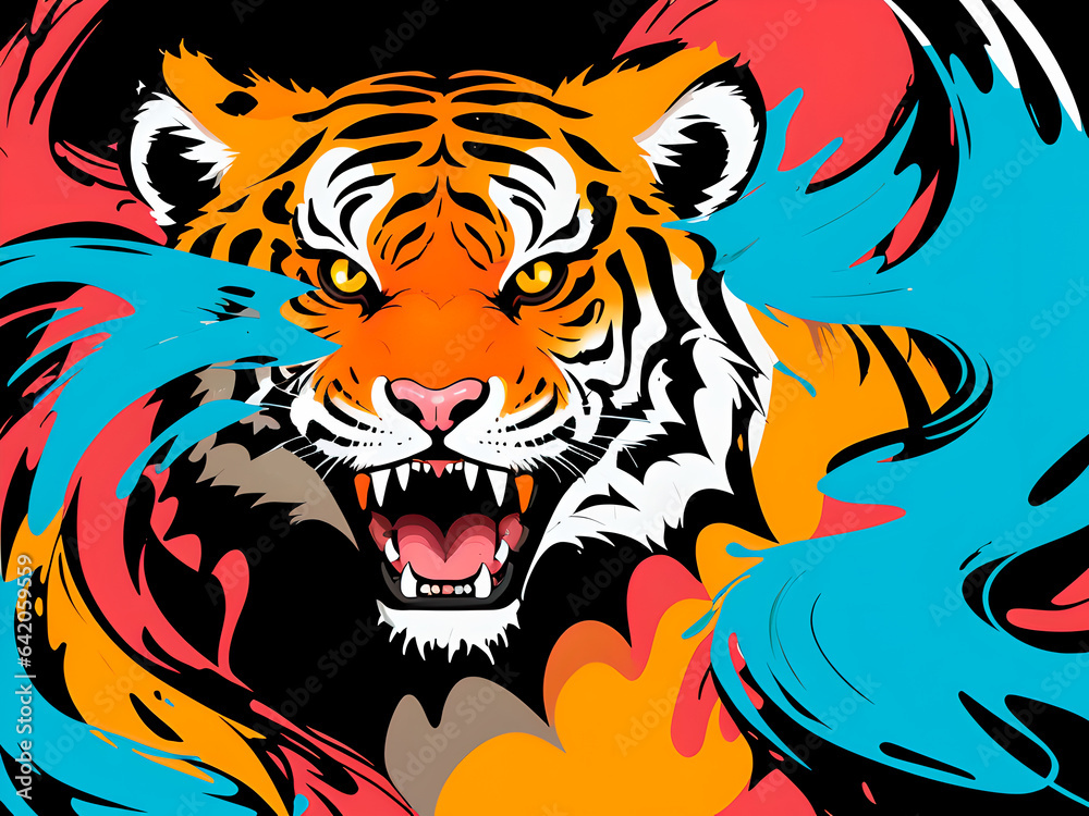 painted tiger illustration in splashes of paint