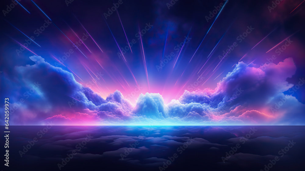 Digital, neon colored, illuminent lines crossing clouds at night over dark background. Abstract high-tech design for wallpaper, background and banner. Break through. Modern vision, virtual art.