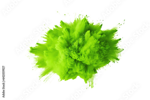 Green color holi paint splashes and motion of green powder festival explosion, green dust exploding isolated on white background.