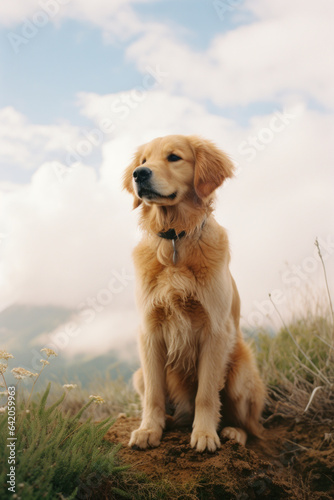 golden retriever senior dog/pet/animal companion in a natural landscape setting surrounded by clouds and blue sky representing pet loss, grief, rainbow bridge - generative ai art