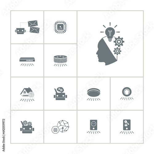 artificial intelligence robot icon set with processor chip, smart house and technologies