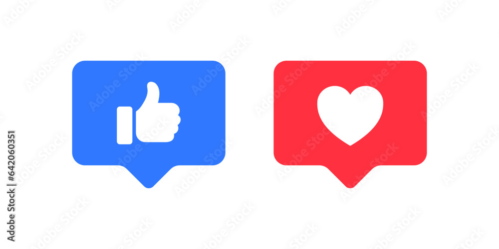 Like and love icon button. Thumbs up and heart flat icon in modern speech bubble shapes , Social media notification icons. emoji post reactions set. Vector illustration - obrazy, fototapety, plakaty 