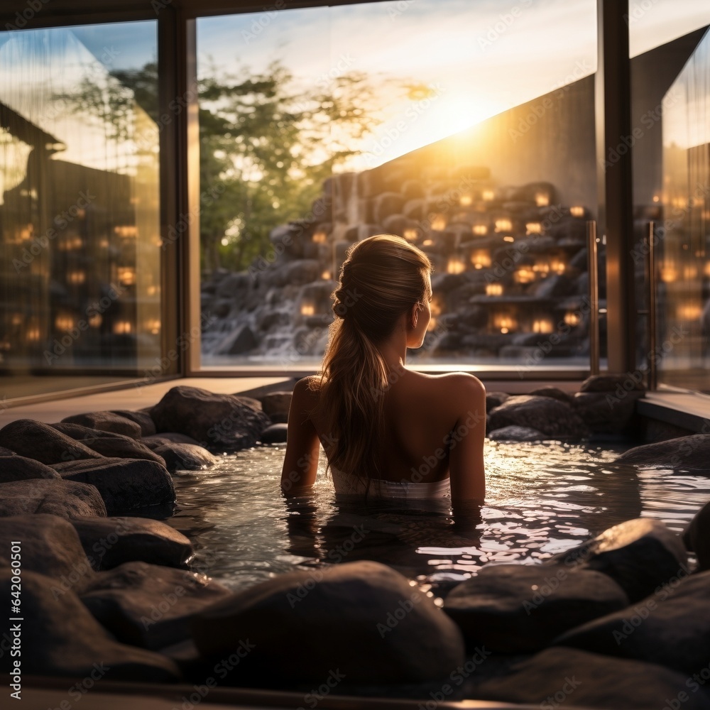 frau im wellness spa sauna bereich eines luxus hotel ressorts in einem whirlpool badelandschaft  sitzend und geniessend die auszeit relaxen verwöhnen lassen - unkenntlcihe fiktive person generative ai - obrazy, fototapety, plakaty 