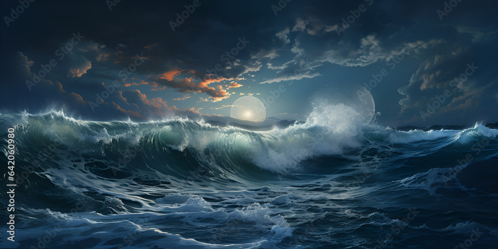 Night marine fantasy landscape with beautiful waves and a full moon. moon over sea stormy Ocean Waves.  - obrazy, fototapety, plakaty 