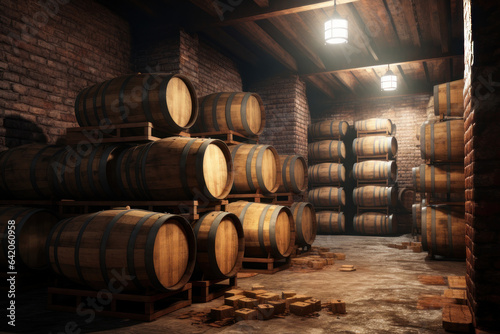 Wooden barrels in the cellar, barrels of wine, warehouse. AI generative.
