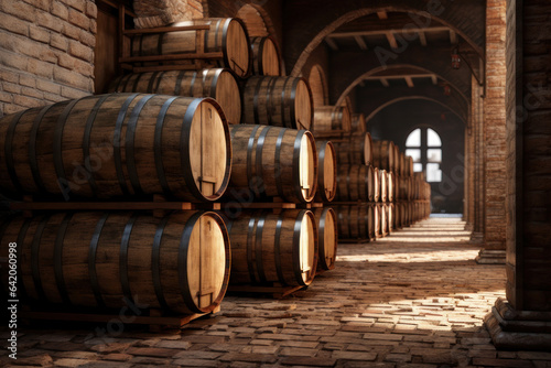 Wooden barrels, wine barrels. AI generative.