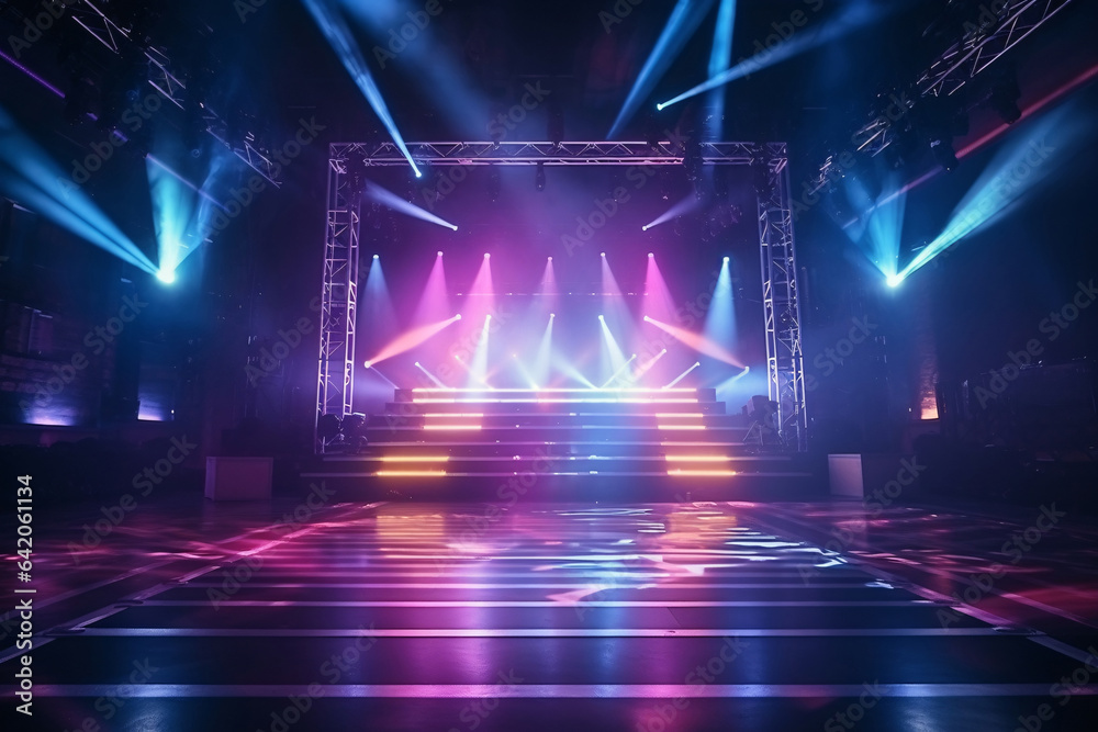 Concert stage light background with spotlight illuminated the stage for night music festival. Empty stage with dynamic color washes. Stage lighting design. Entertainment show. - obrazy, fototapety, plakaty 