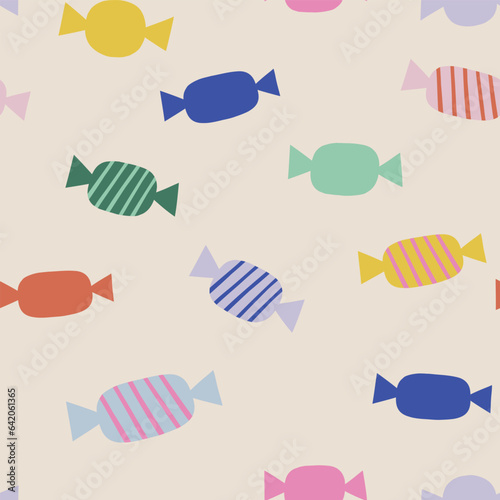 Decorative abstract Happy Birthday candy vector seamless pattern. Scandinavian childish party background. Baby surface design for textile fabric