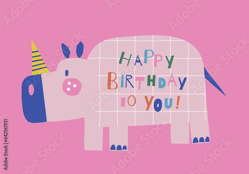  Happy Birthday rhino animal paper shape cutouts style vector illustration. Scandinavian childish wild party pre-made print design.