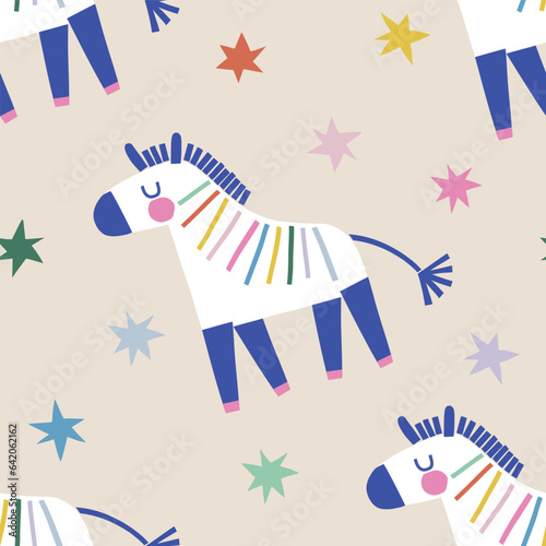 Decorative abstract Happy Birthday zebra vector seamless pattern. Scandinavian childish party background. Baby surface design for textile fabric