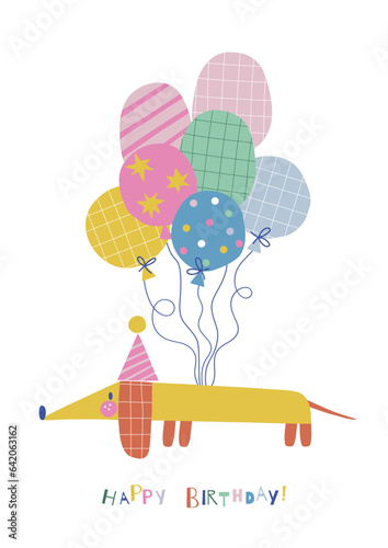  Happy Birthday dachshund dog paper shape cutouts style vector illustration. Scandinavian childish wild party pre-made print design.
