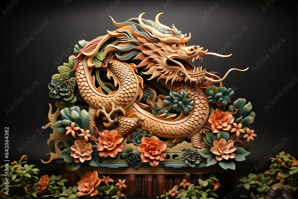 Fototapeta premium Elegant figure of a wriggling dragon with flowers on a podium on a dark background
