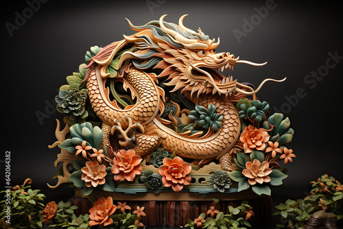 Elegant figure of a wriggling dragon with flowers on a podium on a dark background © sommersby