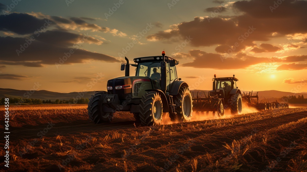 Fototapeta premium Agricultural workers with tractors. Ploughing a field with tractor at sunset created with Generative AI