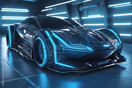 Front-facing Futuristic Augmented Reality (AR) Car Wireframe Concept with a Generative AI. Explore an Augmented Reality Wireframe Visualization of an Innovative Car Concept Against, blue background © Janis