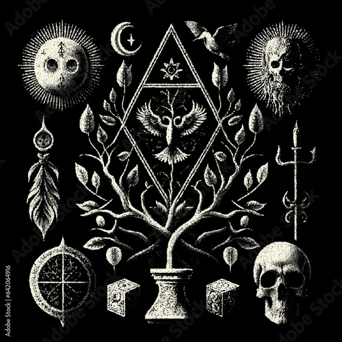 Occult symbols composition in dotwork style. Abstract mystic elements, Skull, candles and sacred triangle with eye in retro flat lay composition.