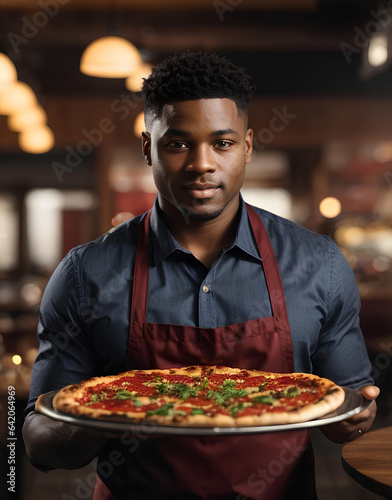 Smiling afro-american waiter hold in hands plate with appetizing pizza in cafe or restaurant.