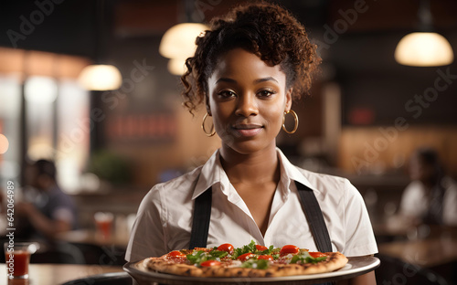 African american smiling waitress hold in hands plate with appetizing pizza in cafe or restaurant