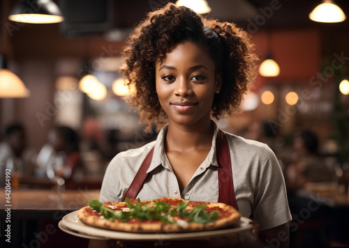 African american smiling waitress hold in hands plate with appetizing pizza in cafe or restaurant