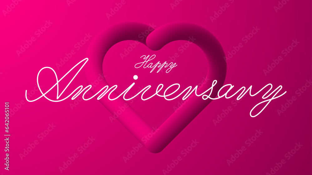 Lovely happy anniversary with heart and handwriting lettering on purple pink background.
