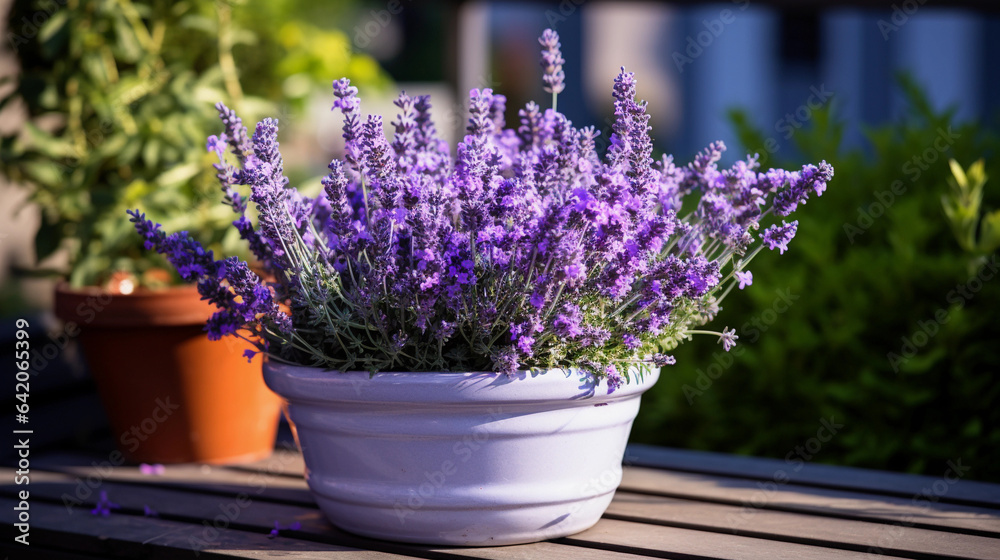 Lavender Flowers Thriving in a Potted Garden, Aromatic Elegance Enriching Home Horticulture Lavender Flowers Thriving in a Potted Garden, Aromatic Elegance Enriching Home Horticulture