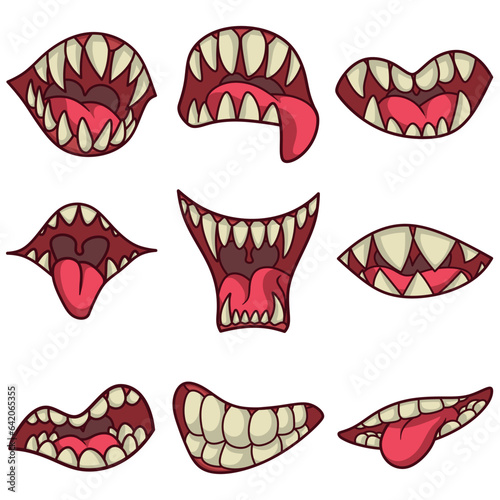 Free vector illustration collection of mouth with fangs and gaping tongue