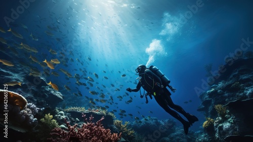 a professional scuba diver driving, swimming and observing fishes and corals in a blue ocean with a fascinating reef view. diver wear equipment. pc desktop wallpaper background, 4k, 16:9 Generative AI