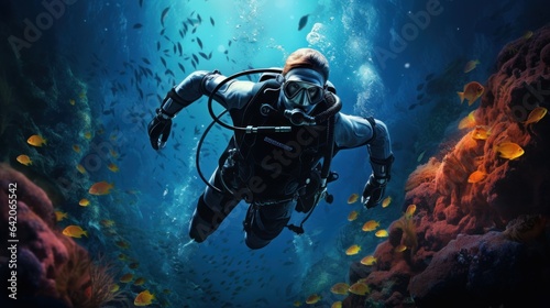 a professional scuba diver driving, swimming and observing fishes and corals in a blue ocean with a fascinating reef view. diver wear equipment. pc desktop wallpaper background, 4k, 16:9 Generative AI