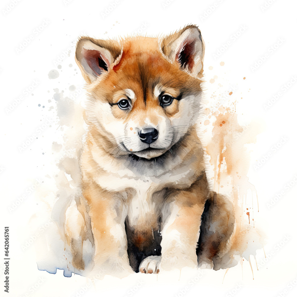 Japanese akita puppy portrait. Stylized watercolour digital illustration of a cute dog with big eyes.