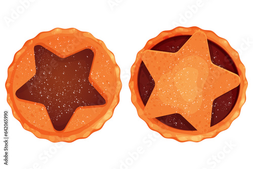 Christmas english mince pie with star top view in cartoon style isolated on white background. Holiday food, traditional pastry