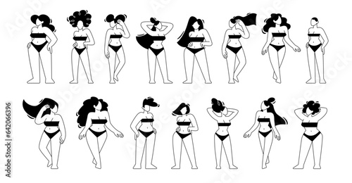 Set of women in lingerie of different races and sizes. Nude black and white bodies.
