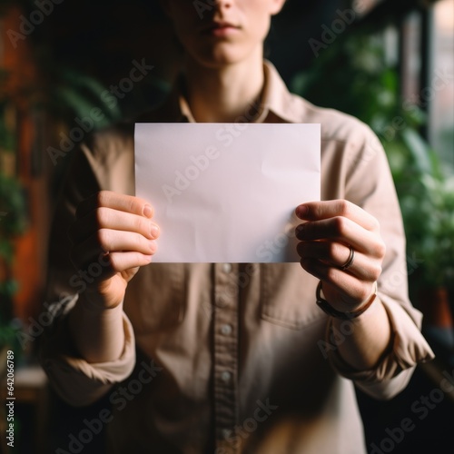 Unrecognizable woman holding blank card in hands, AI Generated