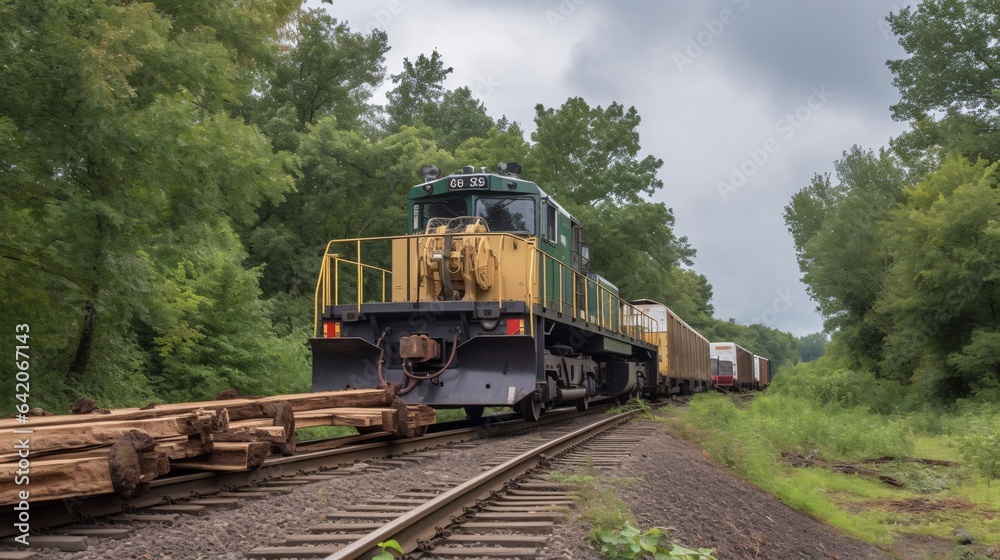 Fototapeta premium Tree Laying Over Rails, Braking Train, generative AI