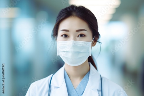 Asian woman doctor in white mask face portrait, blurred hospital background. Therapist professional banner. Medical worker generated by AI