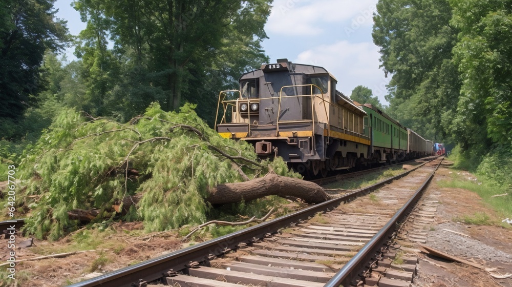 Tree Laying Over Rails, Braking Train, generative AI Tree Laying Over Rails, Braking Train, generative AI