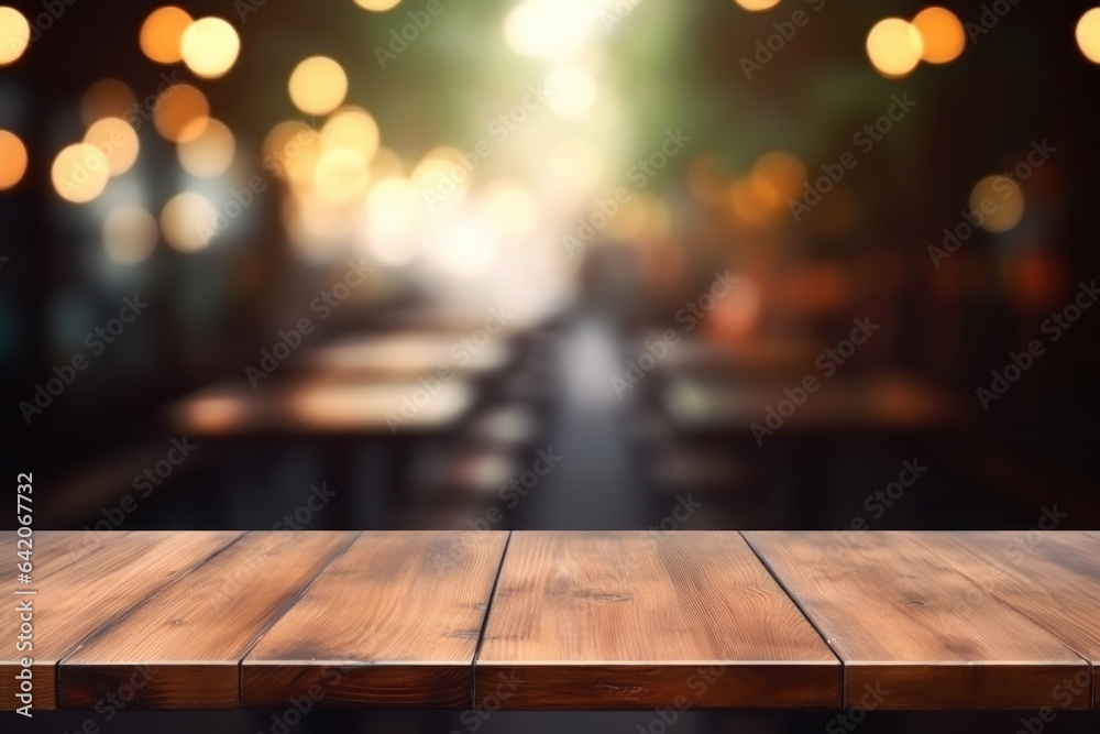 Empty wood table for presentation product. Horizontal wooden bar counter, blank banner with empty space. Cafe terrace generated by AI