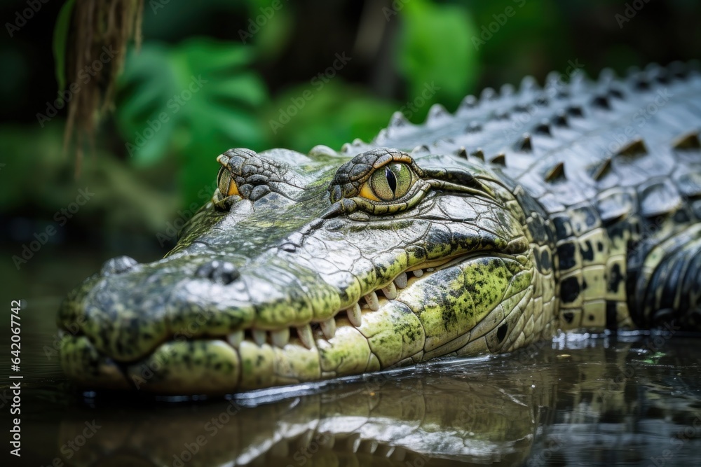 Fototapeta premium Portrait of a crocodile in the water, blurred green jungle background. Wild reptile look at camera. Alligator head above water. Tropical wildlife generated by AI