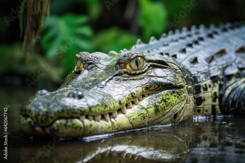 Portrait of a crocodile in the water  blurred green jungle background. Wild reptile look at camera. Alligator head above water. Tropical wildlife generated by AI