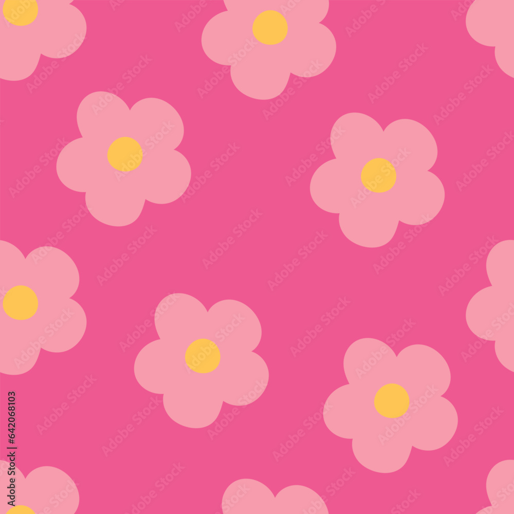 Seamless pattern with light pink flowers on dark pink background. Vector illustration.