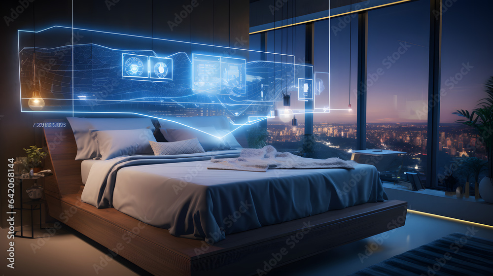 Interior illustration of futuristic smart home bedroom with artificial intelligence concept	