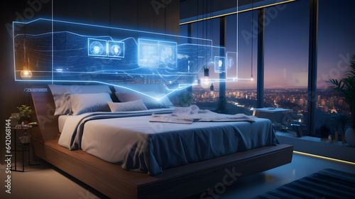 Interior illustration of futuristic smart home bedroom with artificial intelligence concept	