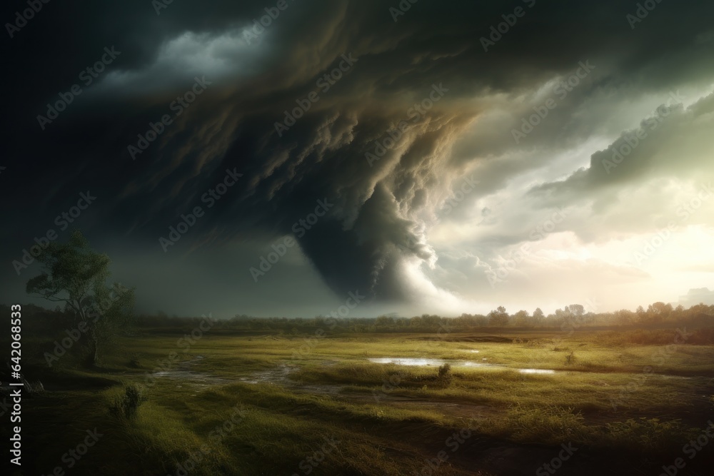 Destructive tornado on the field horizon. Beautiful storm view. Strong hurricane generative by AI
