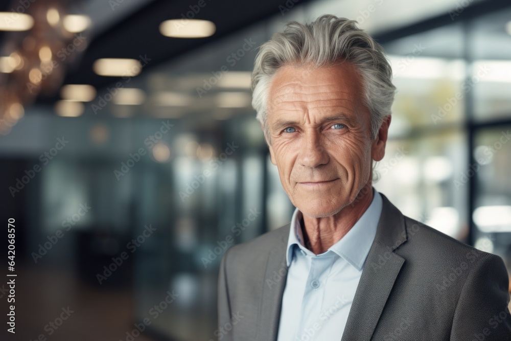 Portrait of a handsome businessman. Handsome gray-haired CEO face portrait, blurred office background. Successful old man in suit. Generative AI image Portrait of a handsome businessman. Handsome gray-haired CEO face portrait, blurred office background. Successful old man in suit. Generative AI image