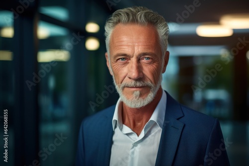 Portrait of a handsome businessman. Handsome gray-haired CEO face portrait  blurred office background. Successful old man in suit. Generative AI image