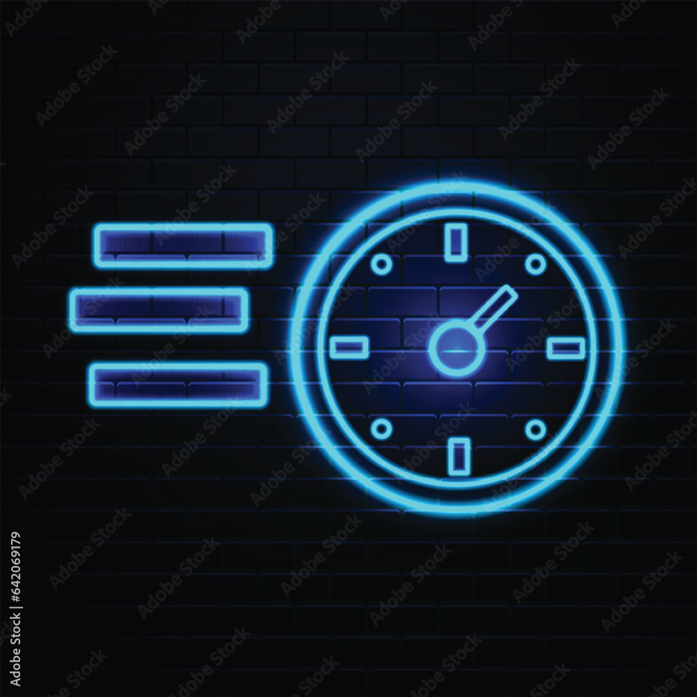 Fototapeta premium Glowing neon line Fast delivery icon on brick wall background. Neon style vector icons, gauge, performance, speed neon icon.