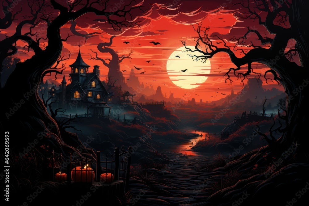 Halloween scene, halloween background with bats, moon view, Halloween night background, Halloween night scene, Halloween background with house,