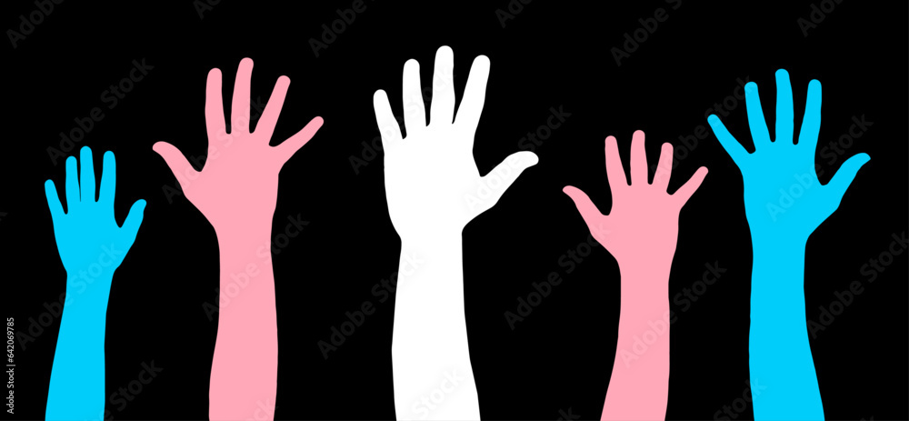 Transgender flag colors painted hands raised. Gay pride symbol